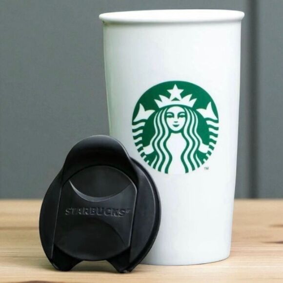 NWT Starbucks Coffee Double Wall White Black Ceramic 12 oz Tall Travel Mug w Lid - Picture 1 of 16
